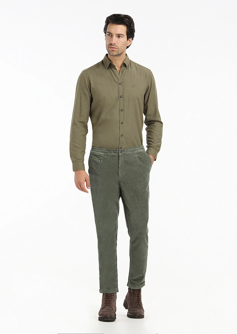 Khaki Plain Regular Fit Weaving Casual 100% Cotton Shirt - 1