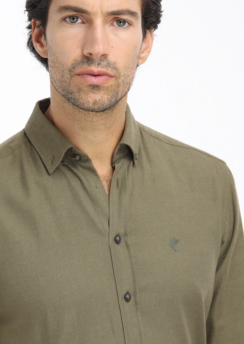 Khaki Plain Regular Fit Weaving Casual 100% Cotton Shirt - 3