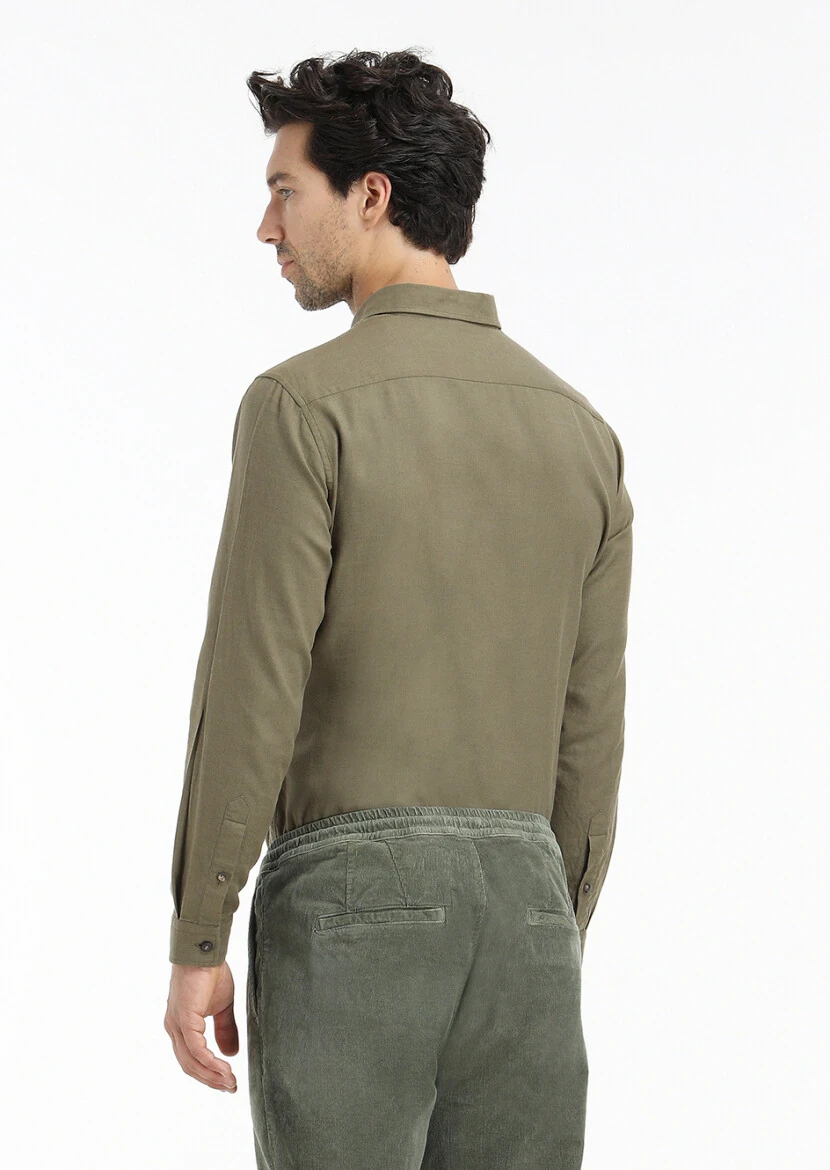 Khaki Plain Regular Fit Weaving Casual 100% Cotton Shirt - 5