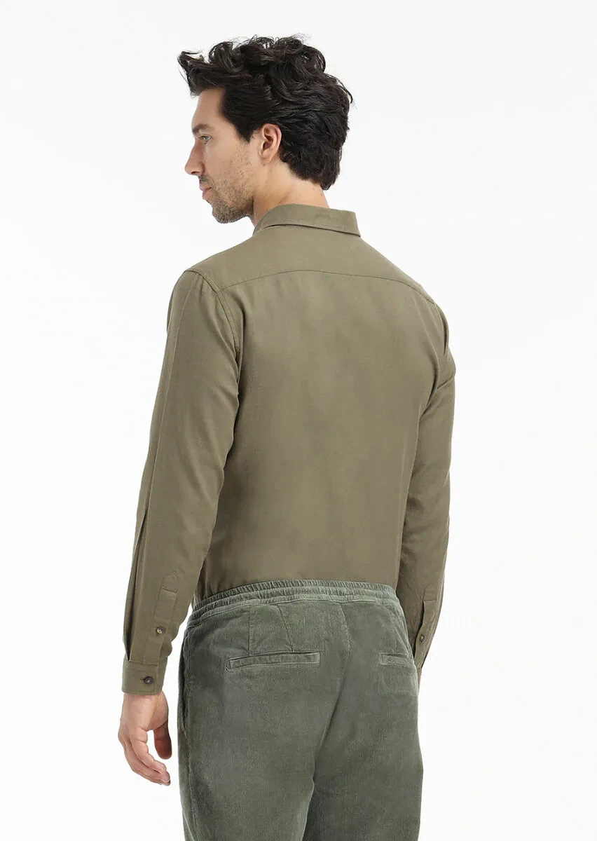 Khaki Plain Regular Fit Weaving Casual 100% Cotton Shirt - 5