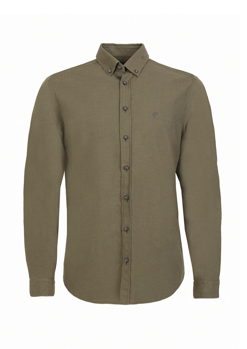 Khaki Plain Regular Fit Weaving Casual 100% Cotton Shirt - 6