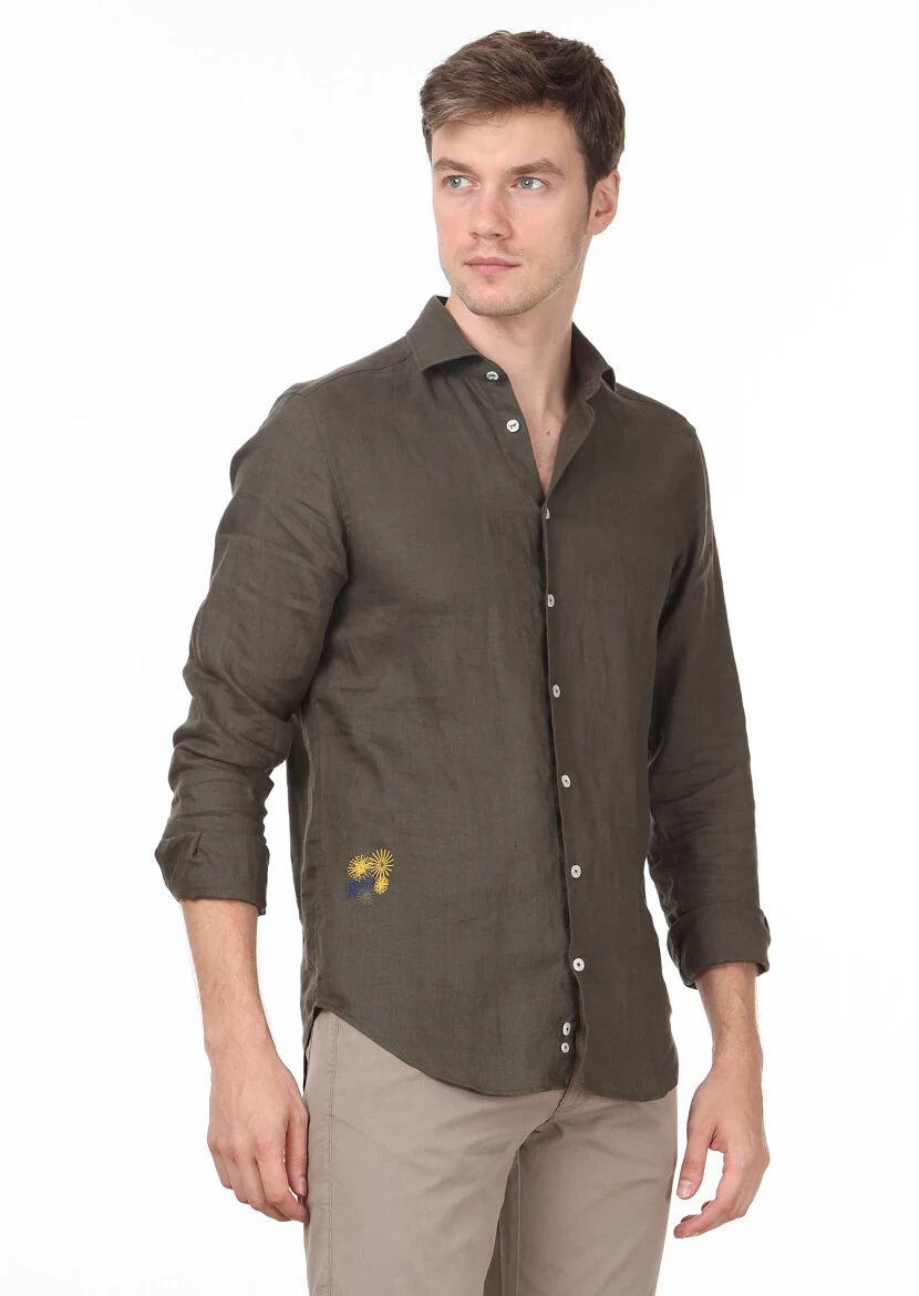 Khaki Plain Regular Fit Weaving Casual 100% Linen Shirt 
