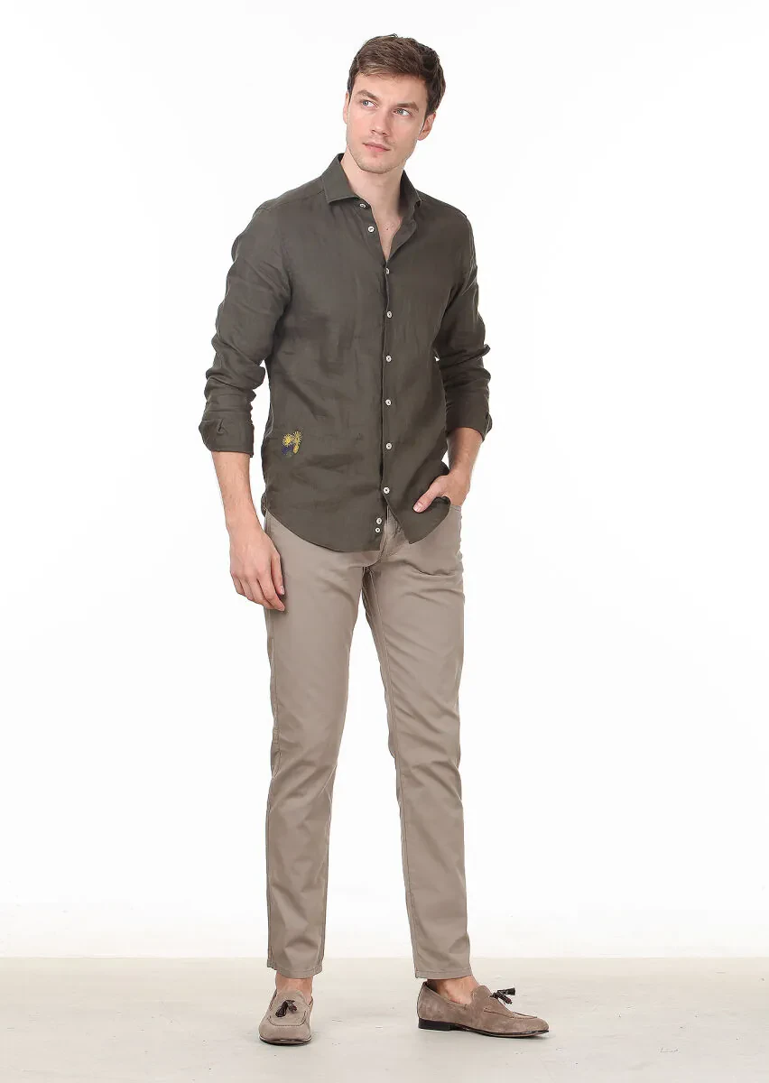 Khaki Plain Regular Fit Weaving Casual 100% Linen Shirt - 3