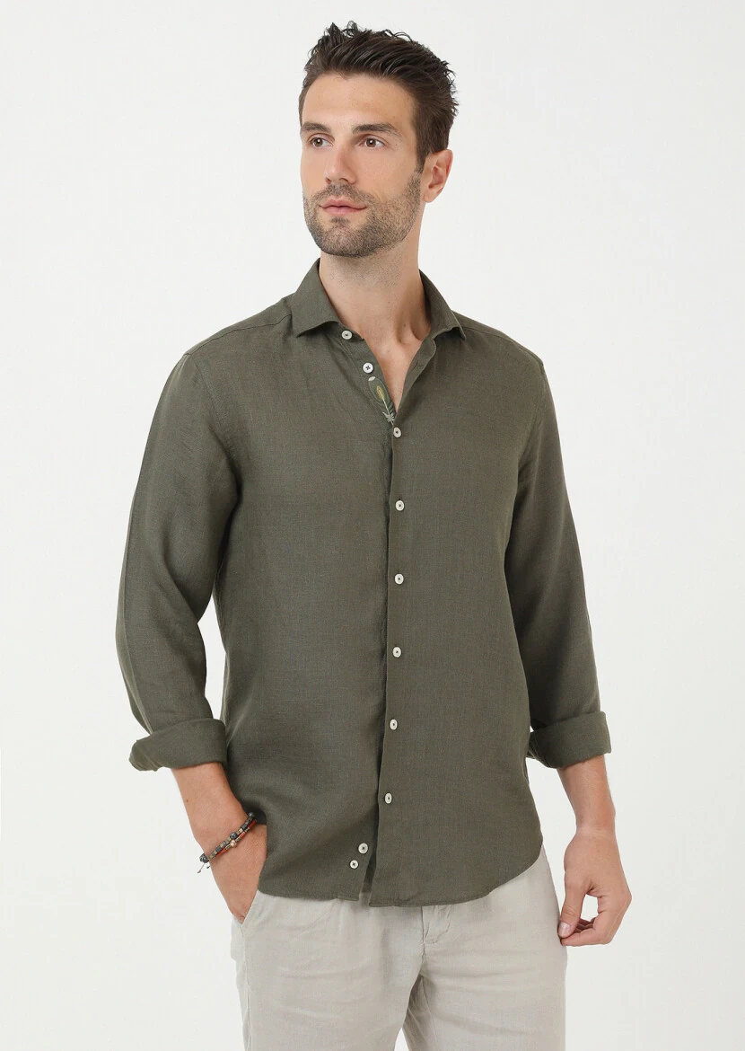 Khaki Plain Regular Fit Weaving Casual 100% Linen Shirt - 1