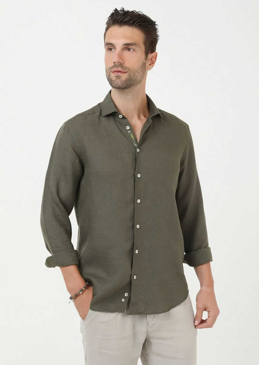 Khaki Plain Regular Fit Weaving Casual 100% Linen Shirt - 1