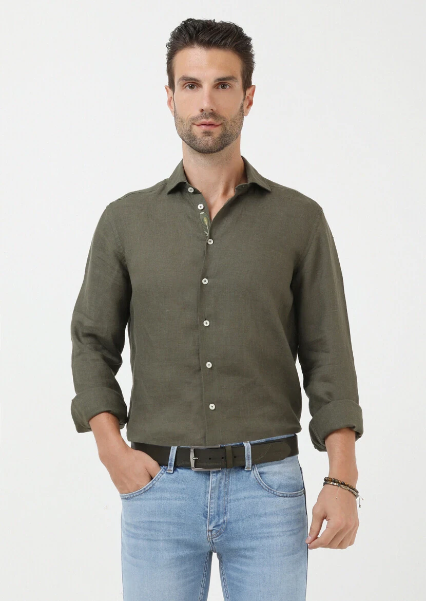 Khaki Plain Regular Fit Weaving Casual 100% Linen Shirt - 4