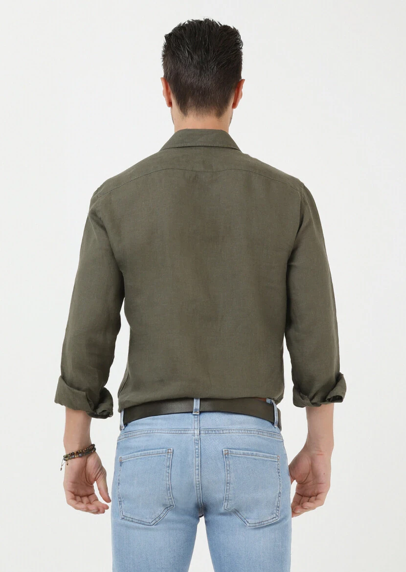 Khaki Plain Regular Fit Weaving Casual 100% Linen Shirt - 5