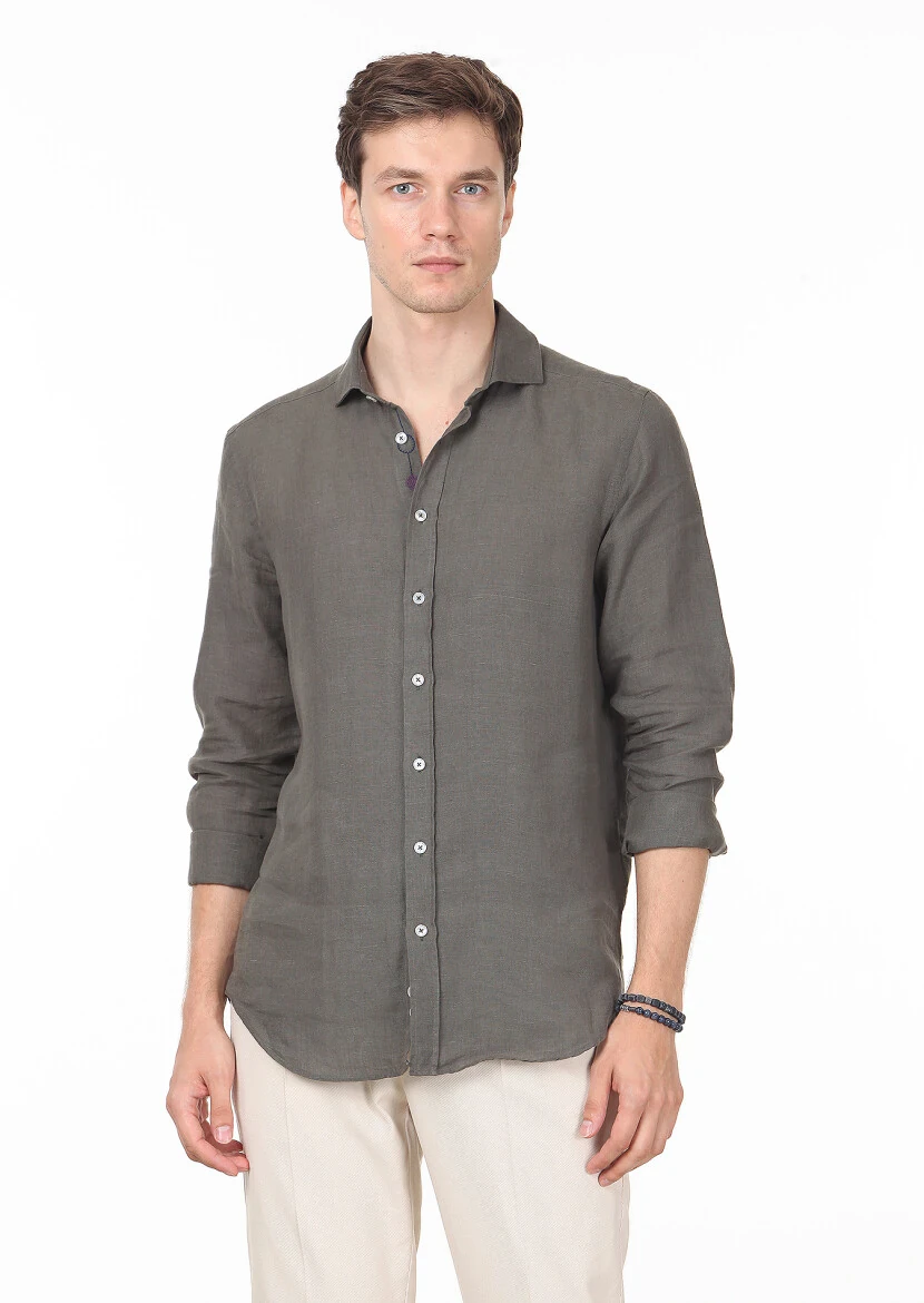 Khaki Plain Regular Fit Weaving Casual Cotton Blended Shirt - 1
