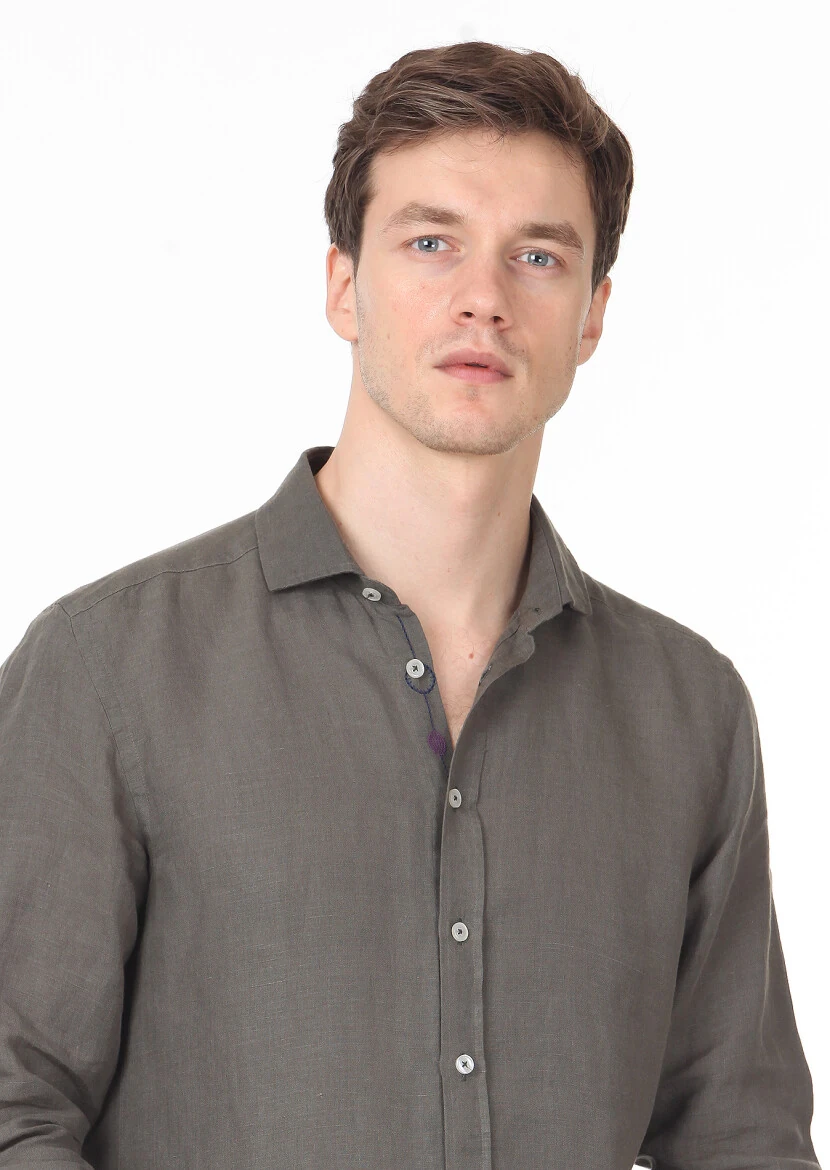 Khaki Plain Regular Fit Weaving Casual Cotton Blended Shirt 