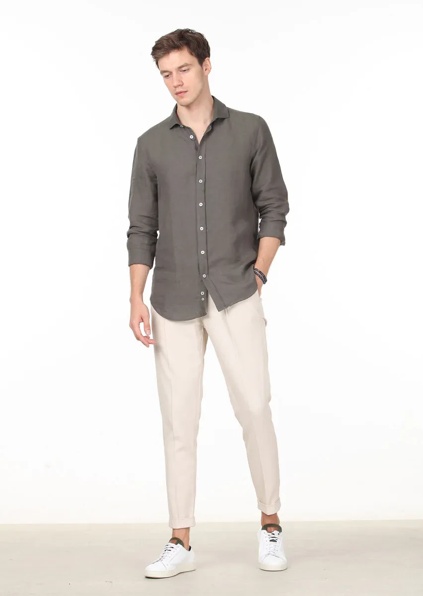 Khaki Plain Regular Fit Weaving Casual Cotton Blended Shirt - 3