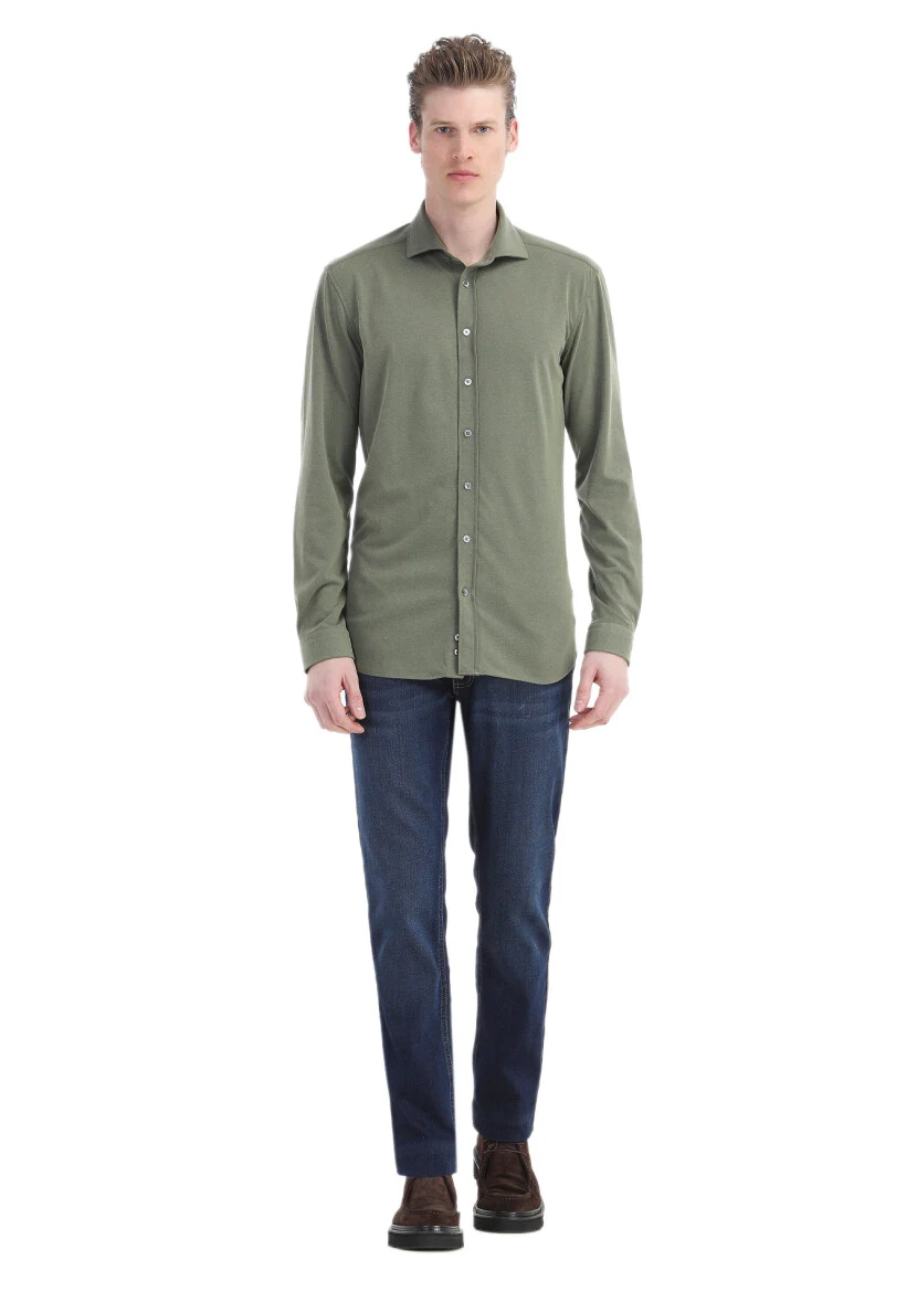 Khaki Plain Regular Fit Weaving Casual Shirt 