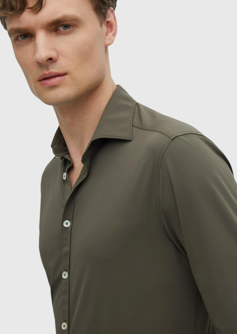 Khaki Plain Regular Fit Weaving Classical Shirt - 3