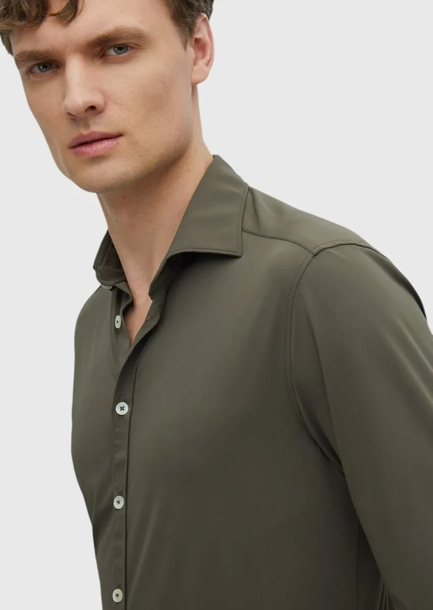 Khaki Plain Regular Fit Weaving Classical Shirt - 3