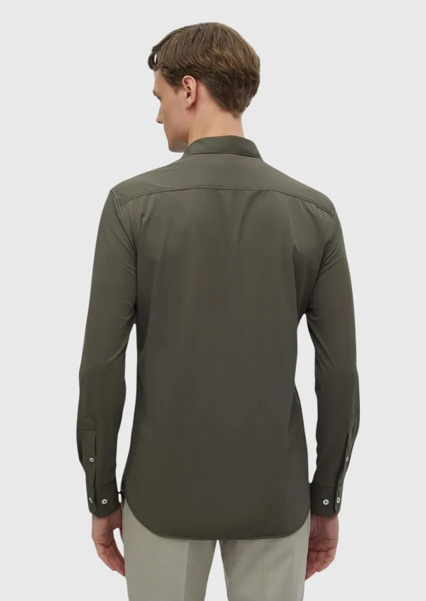 Khaki Plain Regular Fit Weaving Classical Shirt - 5