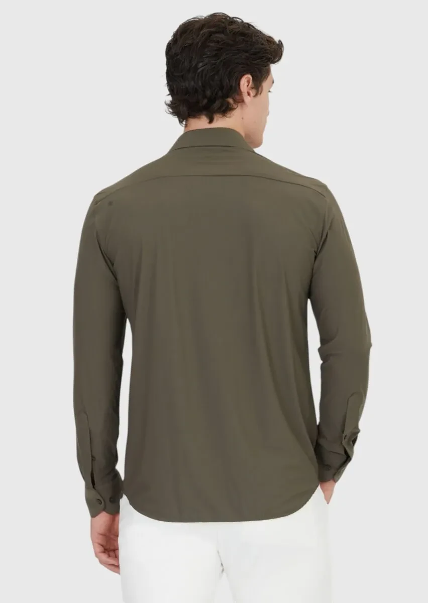 Khaki Plain Regular Fit Weaving Classical Shirt - 5