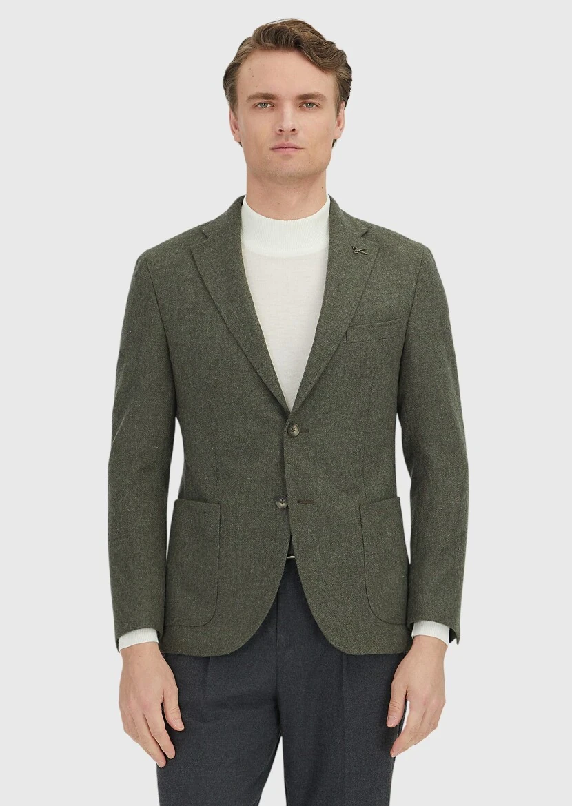 Khaki Plain Shirt Shoulder Slim Fit Wool Blended Jacket - RAMSEY