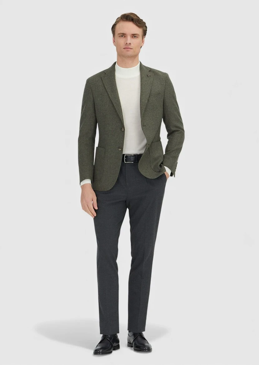 Khaki Plain Shirt Shoulder Slim Fit Wool Blended Jacket - RAMSEY