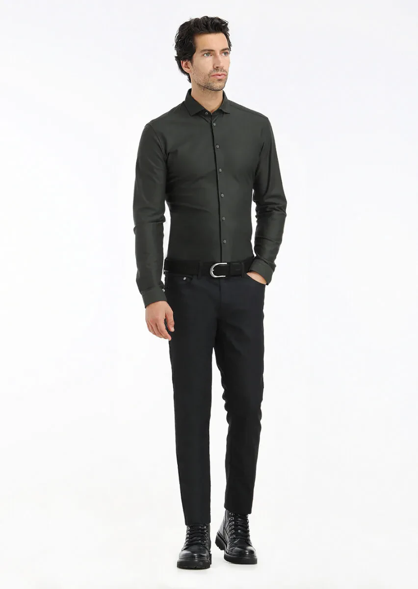 Khaki Plain Slim Fit Knitting Casual 100% Cotton Shirt - 1