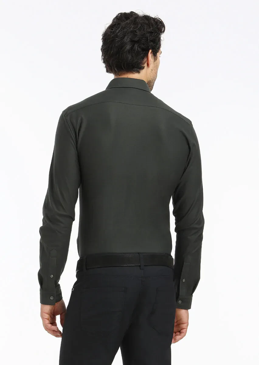 Khaki Plain Slim Fit Knitting Casual 100% Cotton Shirt - 4