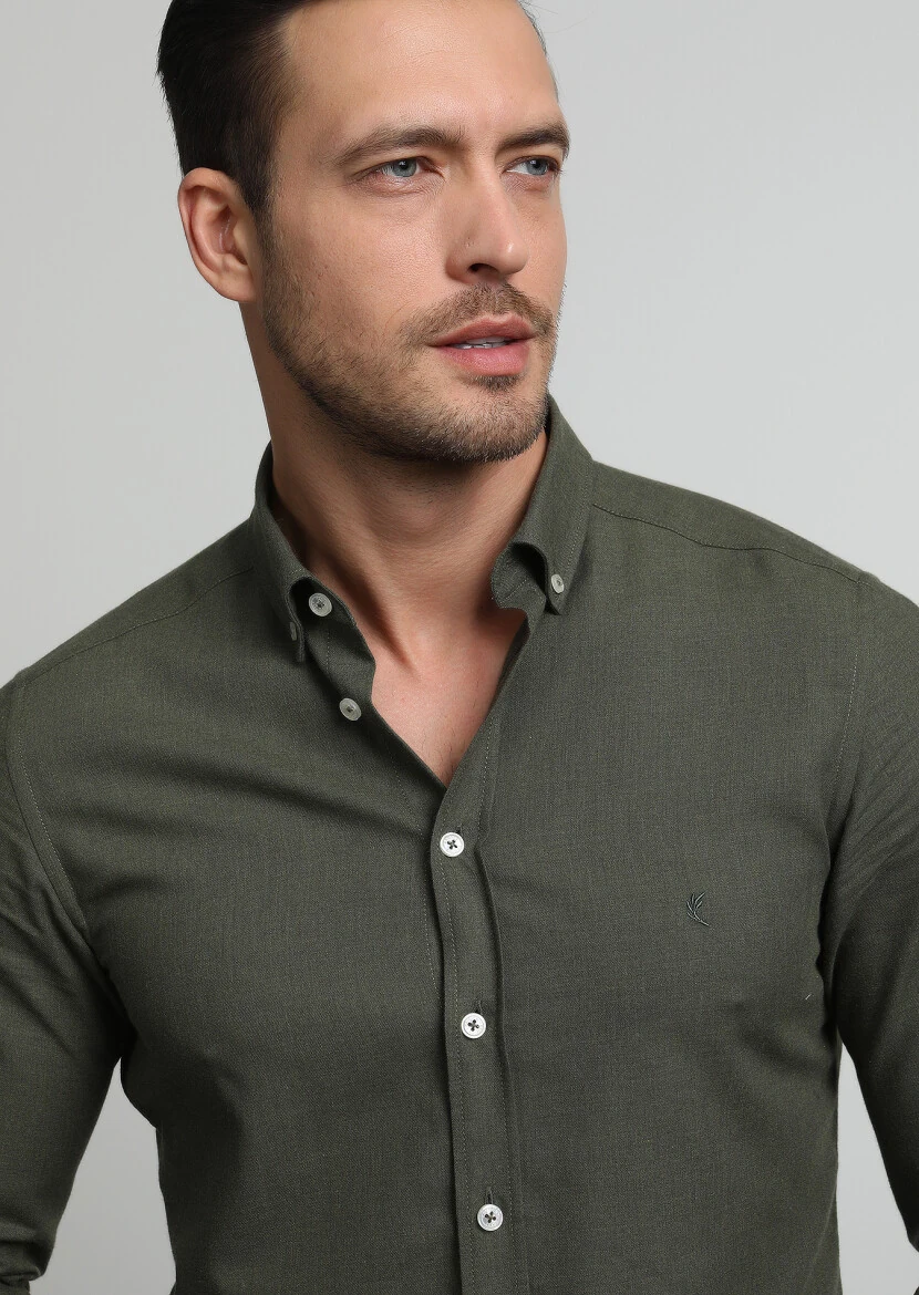 Khaki Plain Slim Fit Weaving Casual 100% Cotton Shirt 