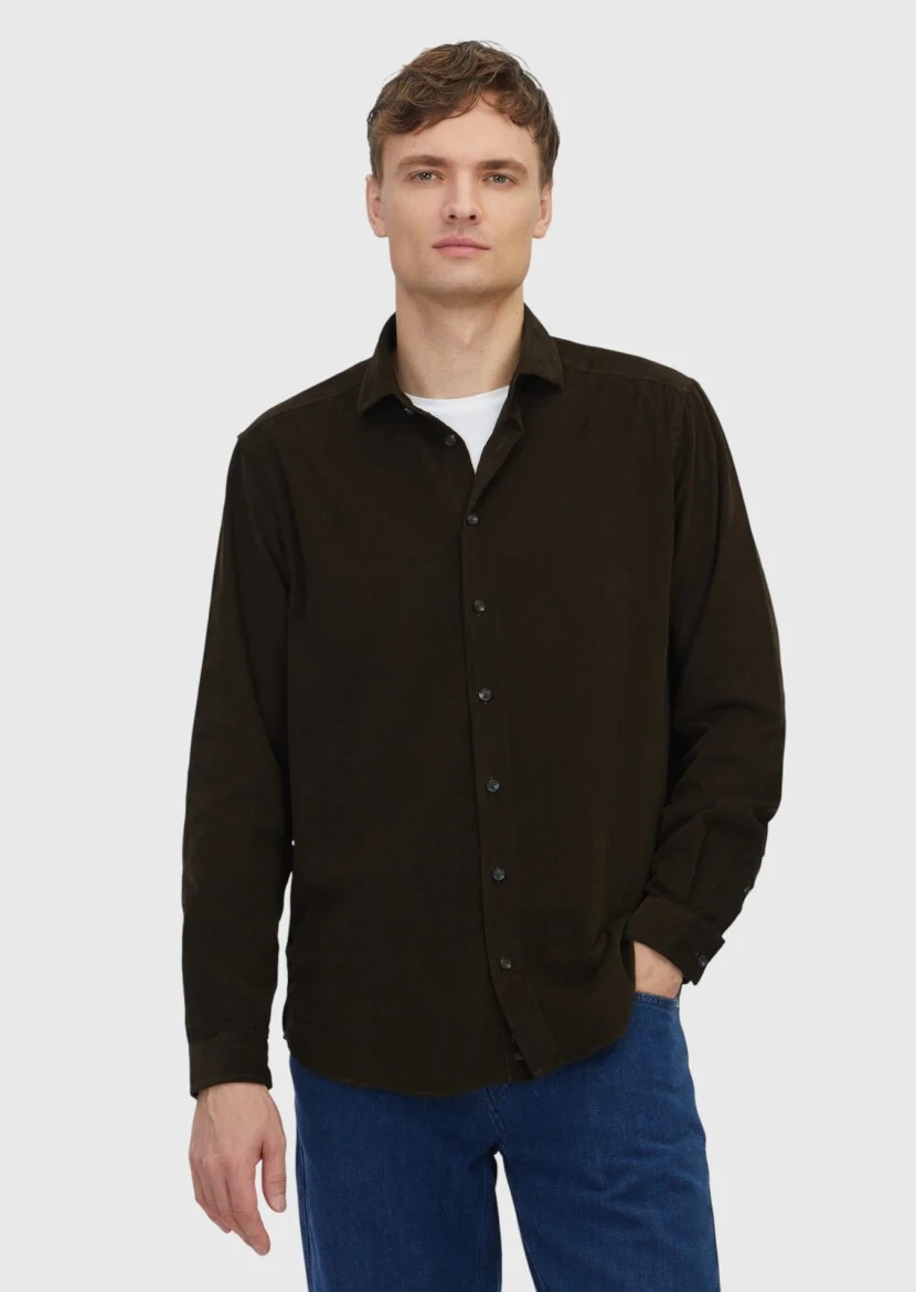 Khaki Plain Weaving Casual 100% Cotton Shirt - RAMSEY