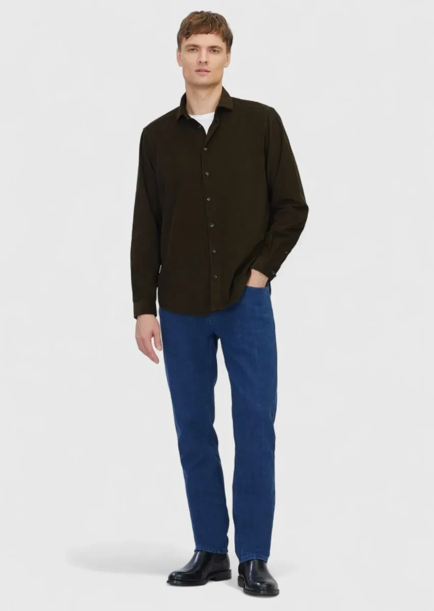 Khaki Plain Weaving Casual 100% Cotton Shirt - 2