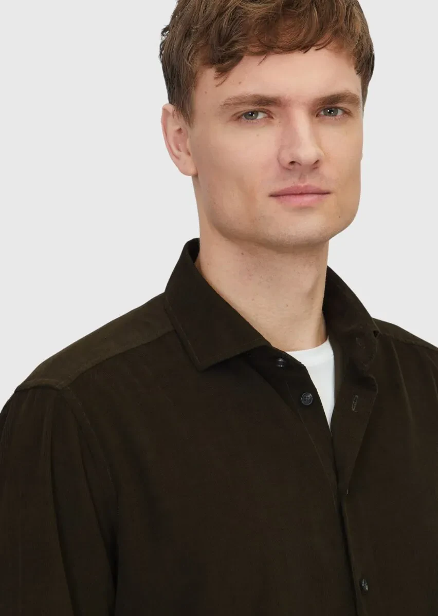 Khaki Plain Weaving Casual 100% Cotton Shirt - 3