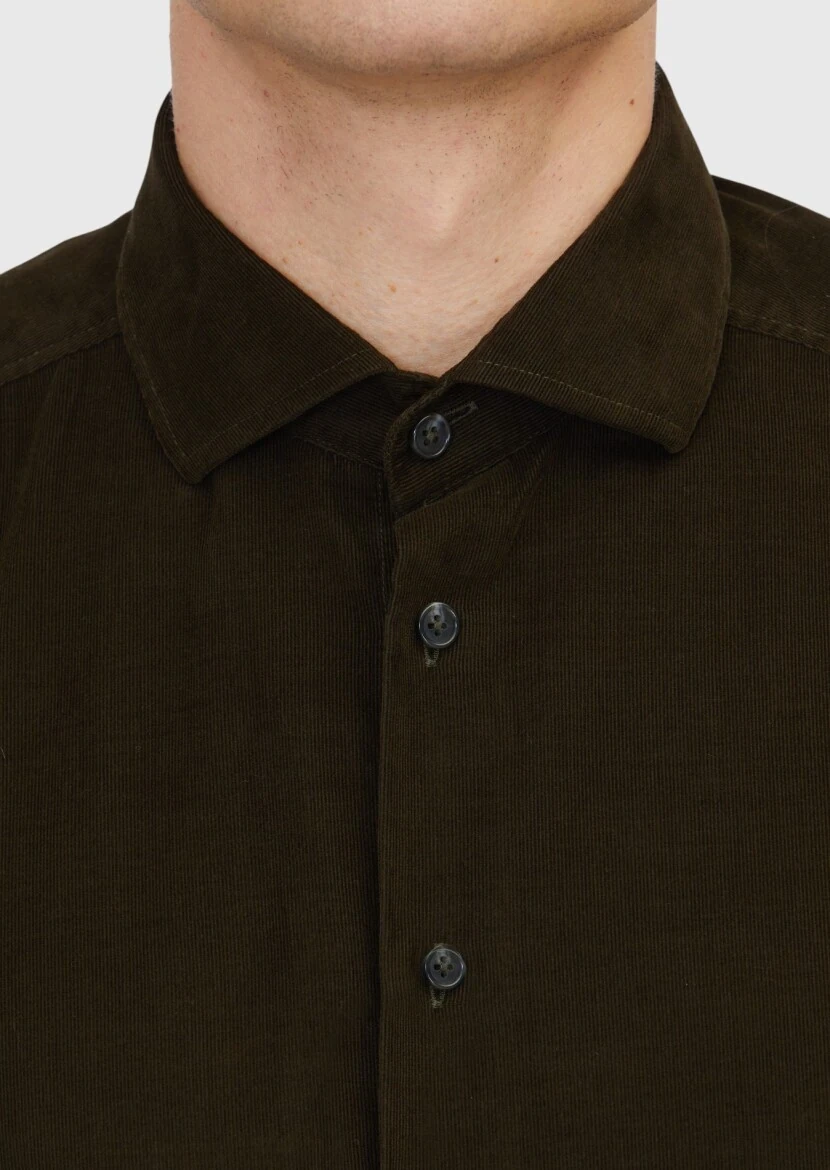 Khaki Plain Weaving Casual 100% Cotton Shirt - 4