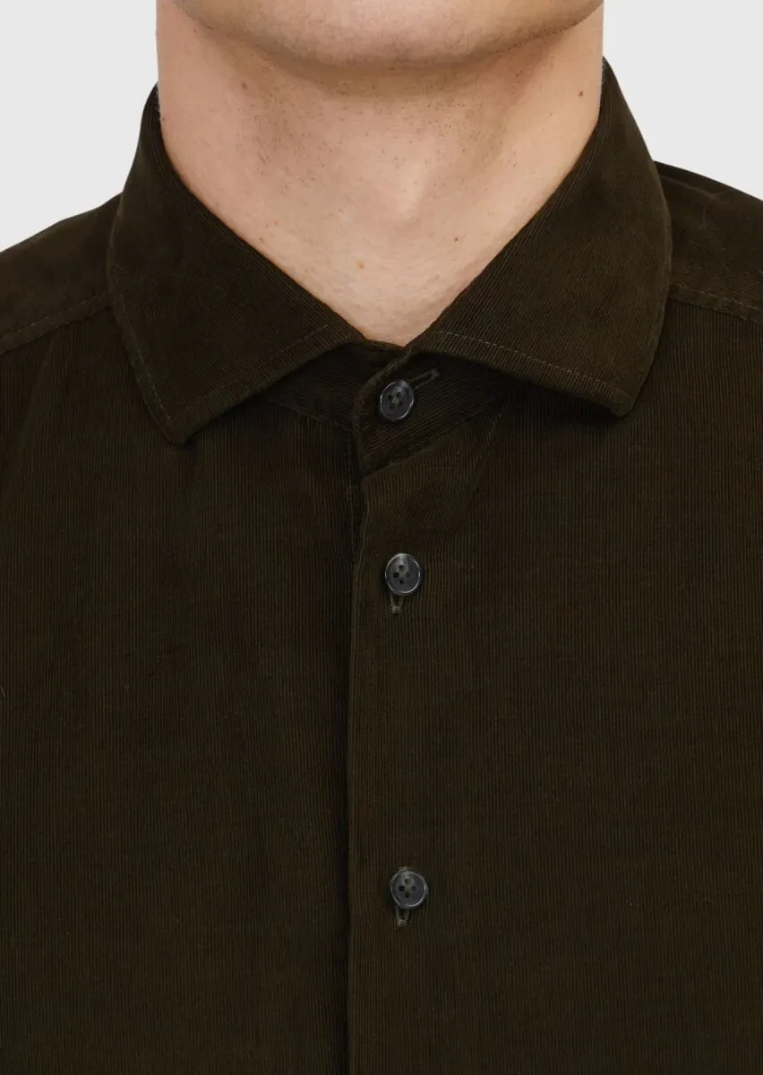 Khaki Plain Weaving Casual 100% Cotton Shirt - 4