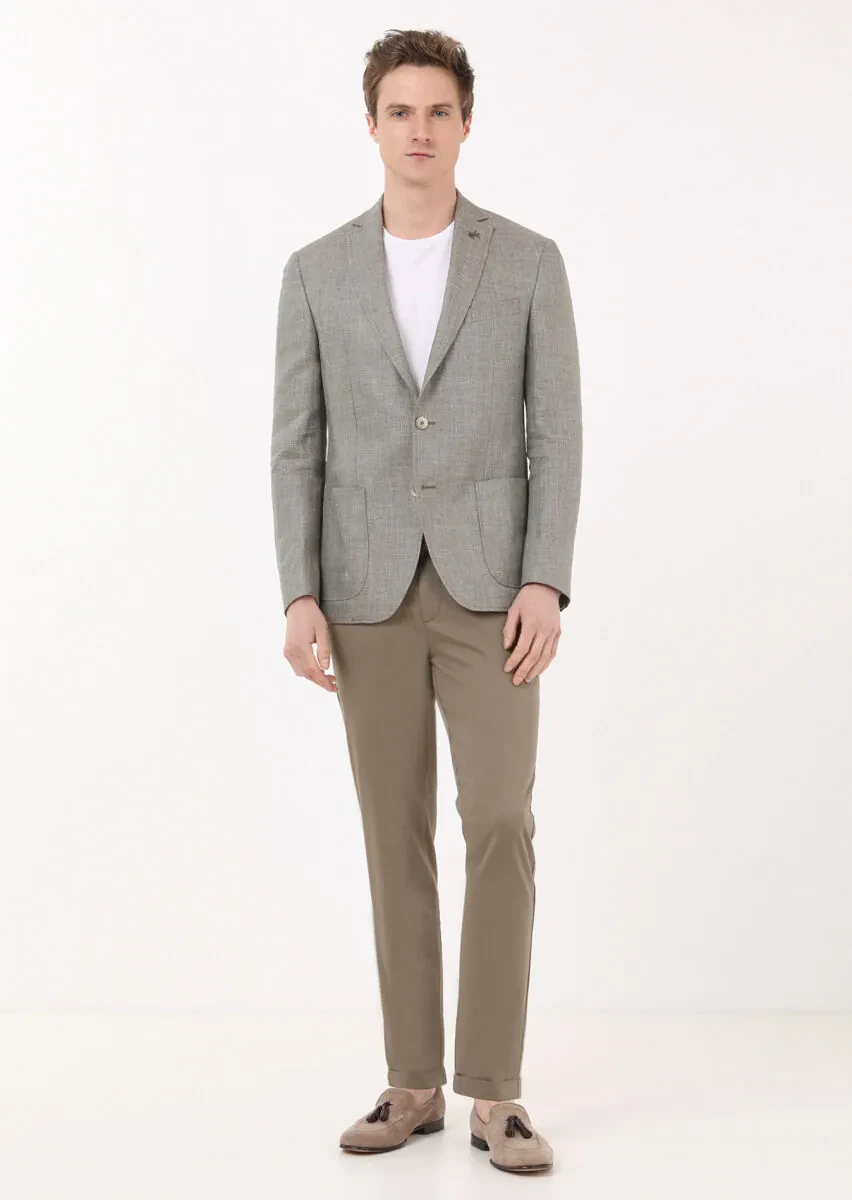 Khaki Plain Zeroweight Slim Fit 100% Linen Jacket - 3