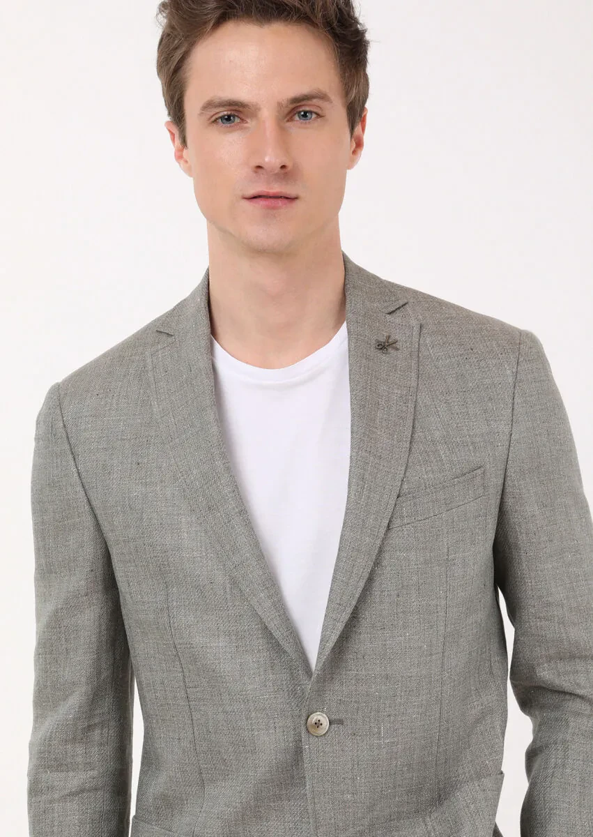 Khaki Plain Zeroweight Slim Fit 100% Linen Jacket - 4