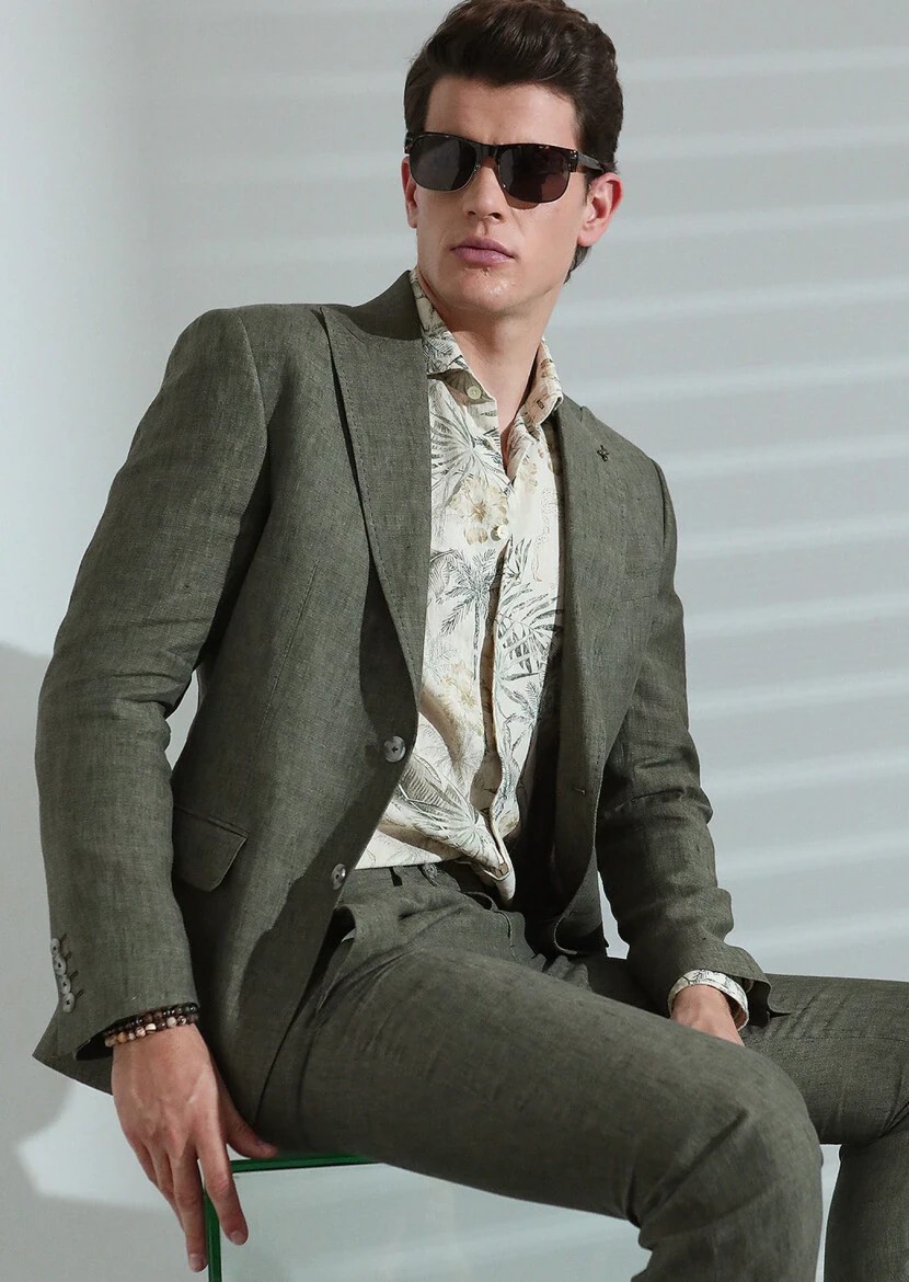 Khaki Plain Zeroweight Slim Fit 100% Linen Suit - 3