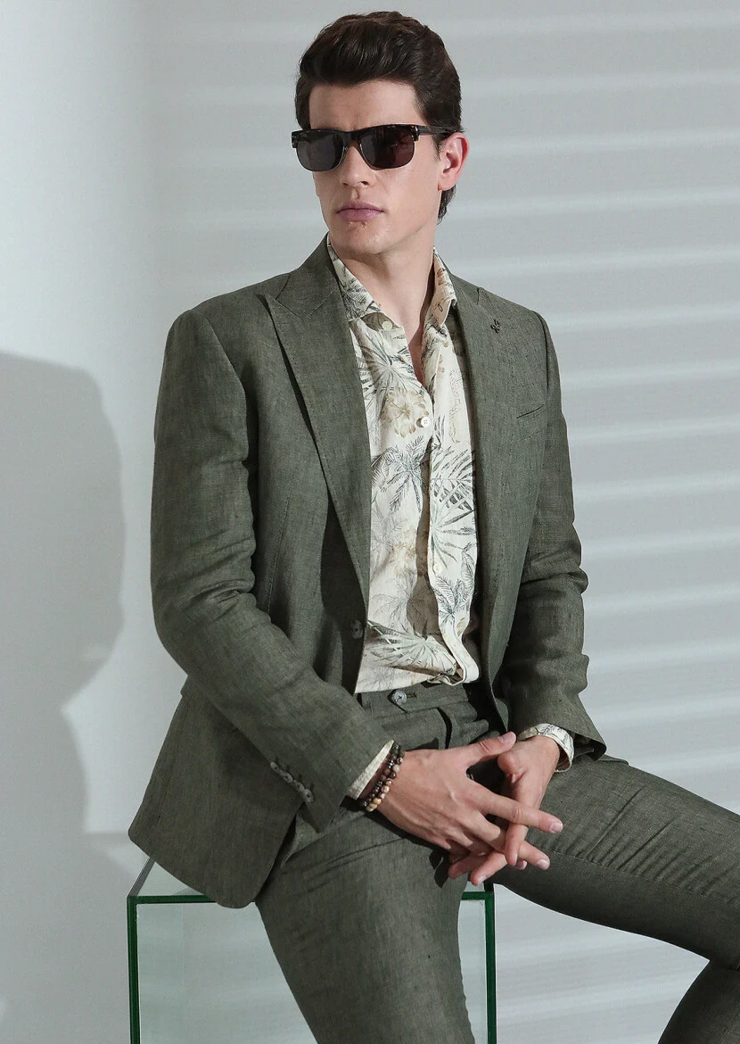 Khaki Plain Zeroweight Slim Fit 100% Linen Suit - 4