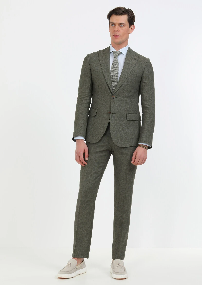 Khaki Plain Zeroweight Slim Fit 100% Linen Suit - 1