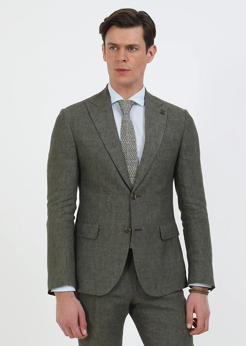 Khaki Plain Zeroweight Slim Fit 100% Linen Suit - 2