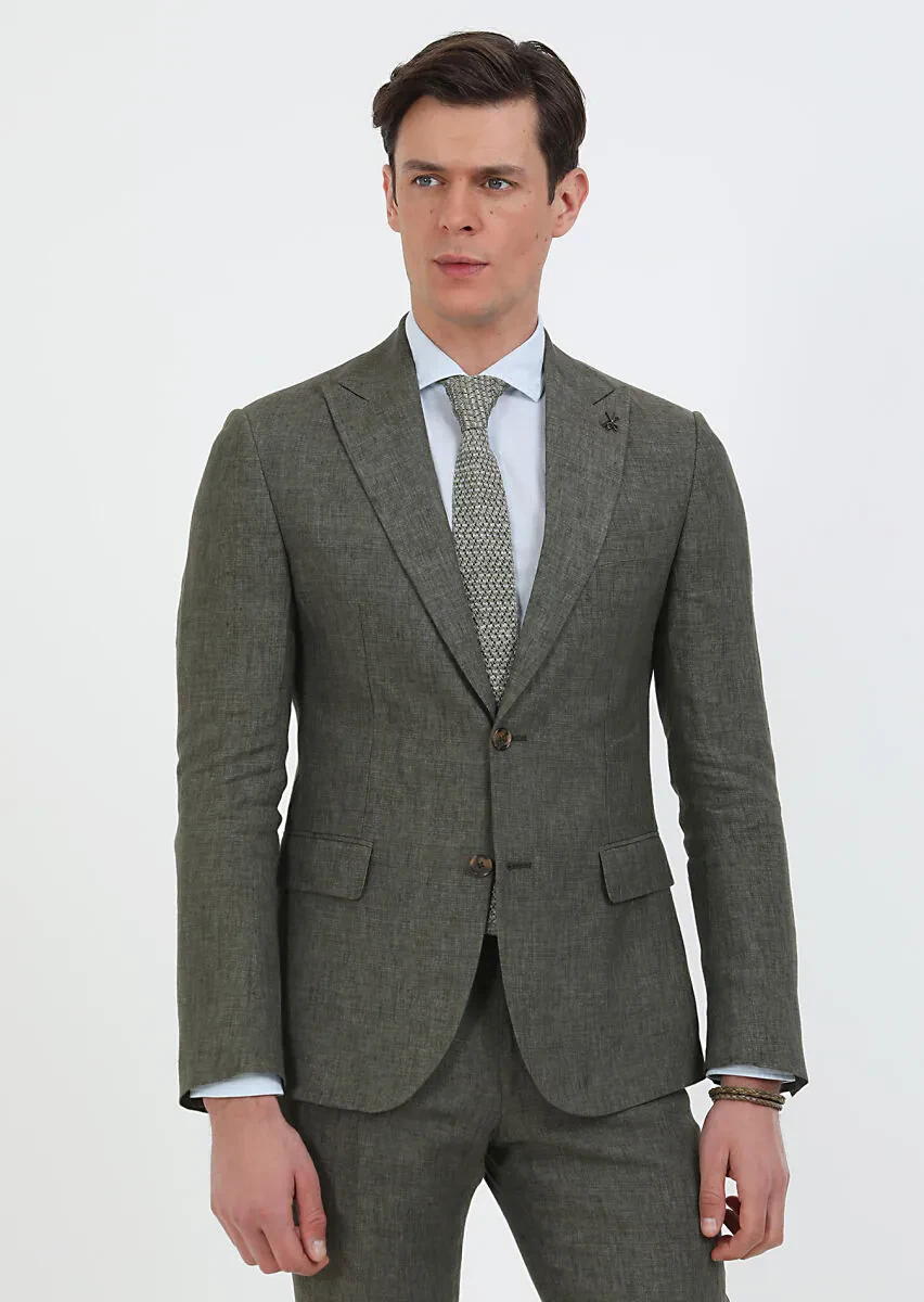 Khaki Plain Zeroweight Slim Fit 100% Linen Suit - 2