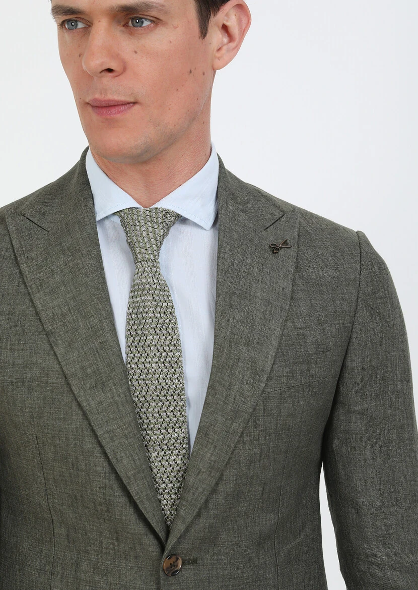 Khaki Plain Zeroweight Slim Fit 100% Linen Suit - 3