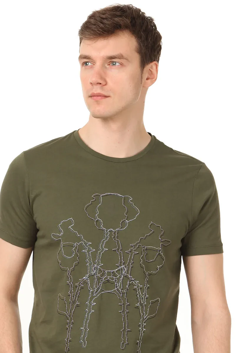 Khaki Printed 100% Cotton T-Shirt - 2