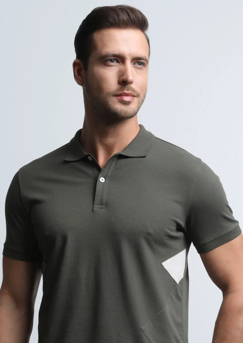 Khaki Printed Polo Neck 100% Cotton T-Shirt - 3