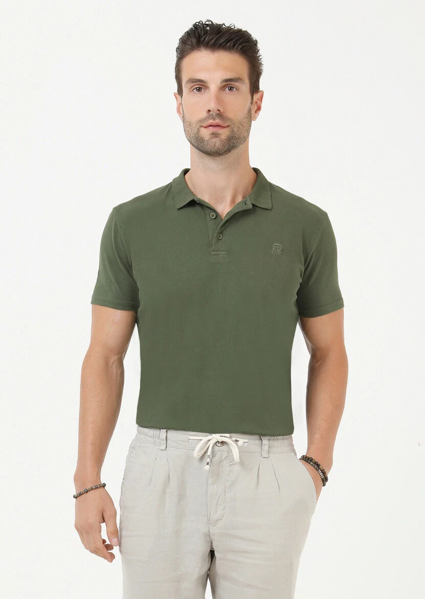 Khaki Printed Polo Neck 100% Cotton T-Shirt - 1