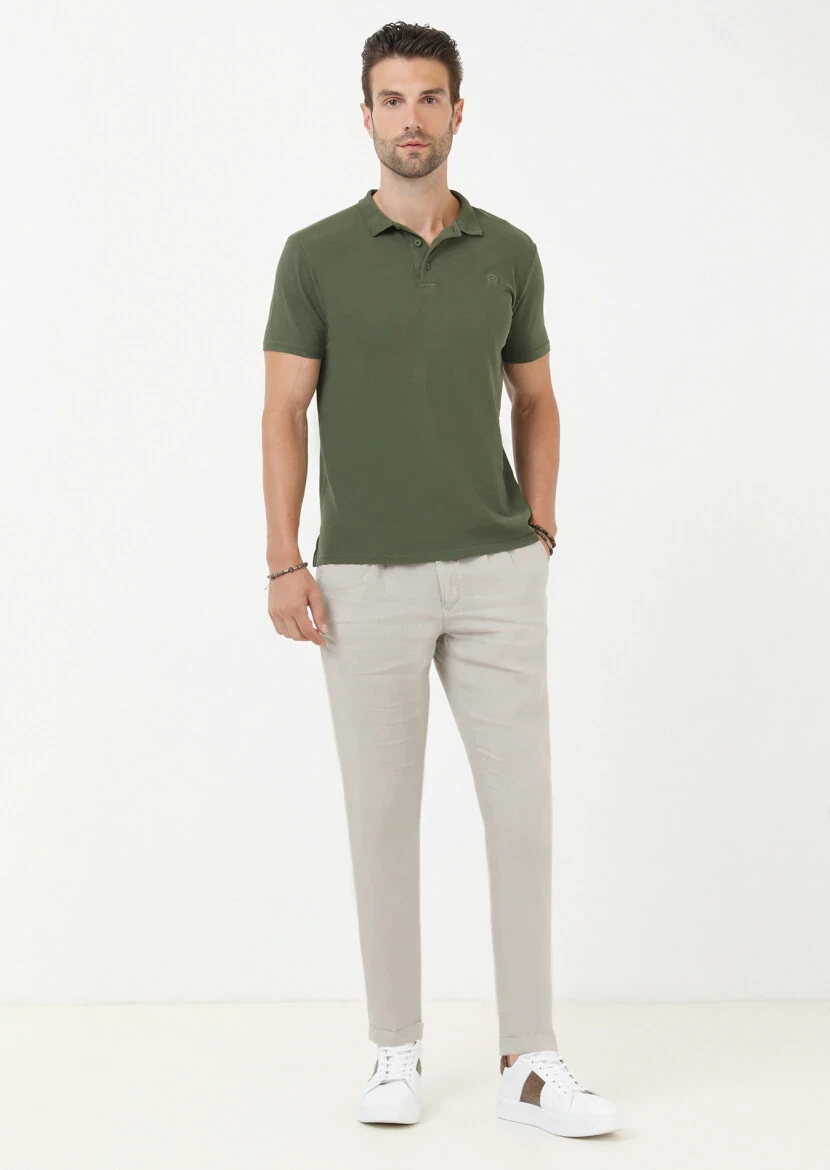 Khaki Printed Polo Neck 100% Cotton T-Shirt 