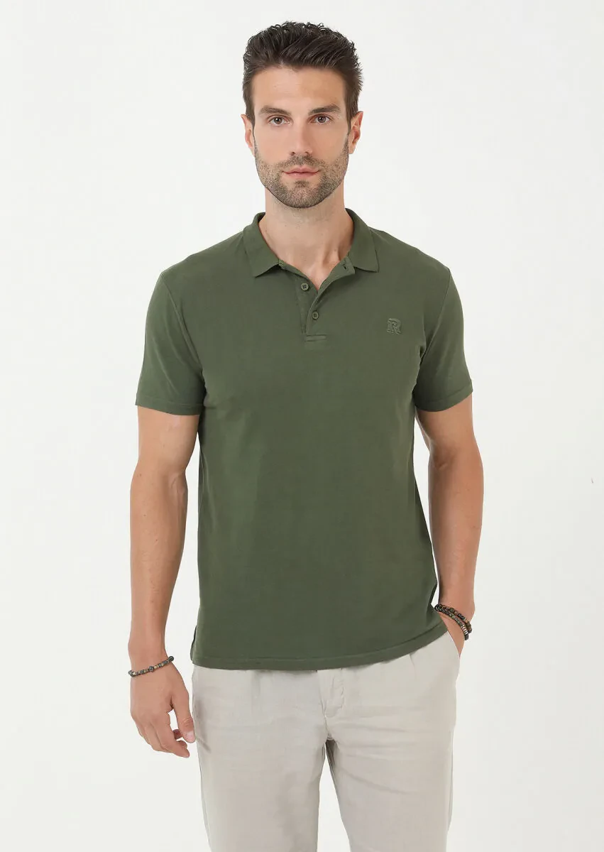 Khaki Printed Polo Neck 100% Cotton T-Shirt - 4