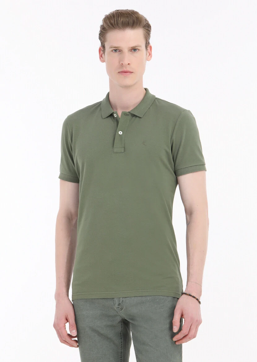 Khaki Printed Polo Neck 100% Cotton T-Shirt 