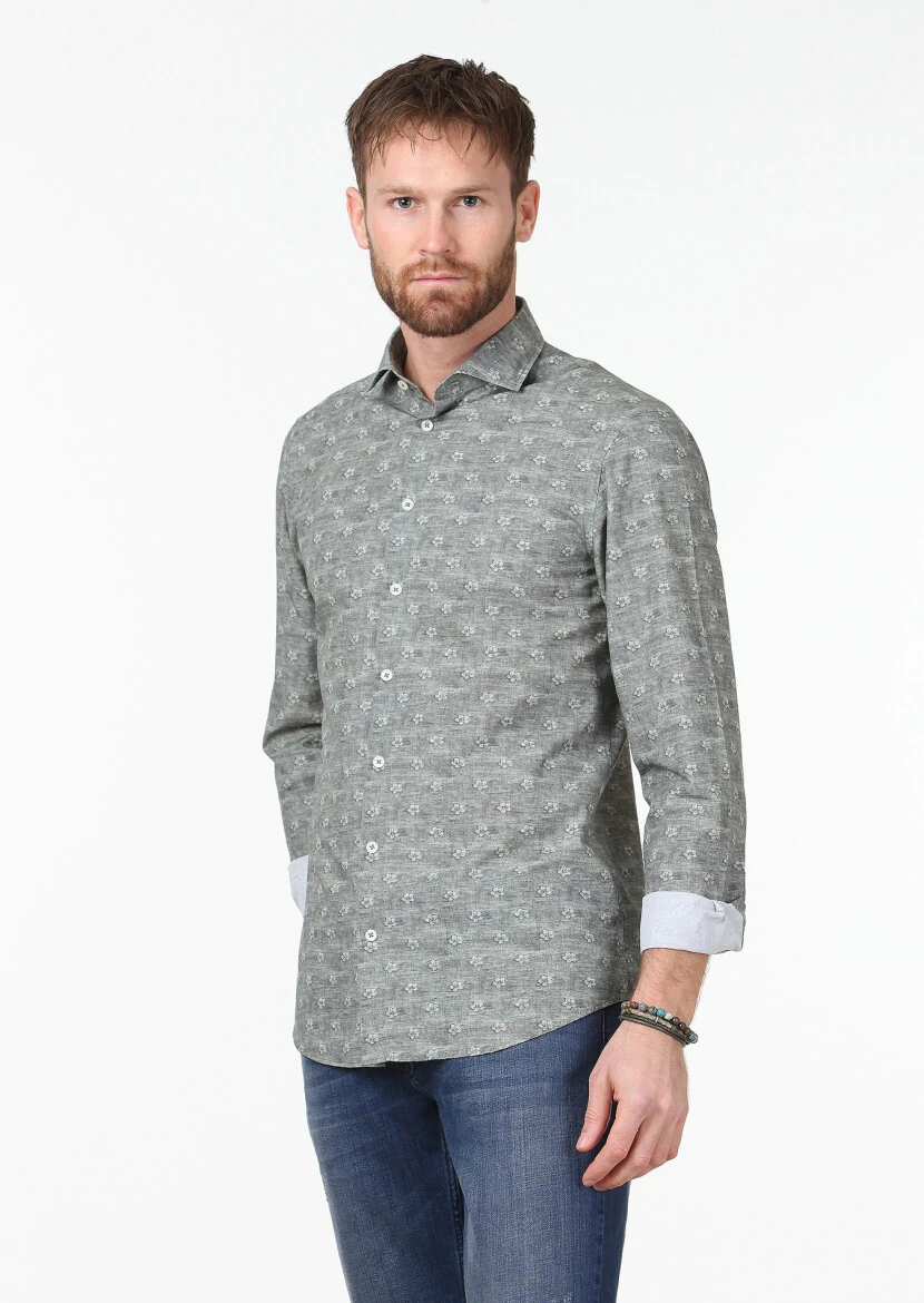 Khaki Printed Slim Fit Weaving Casual 100% Cotton Shirt - 1
