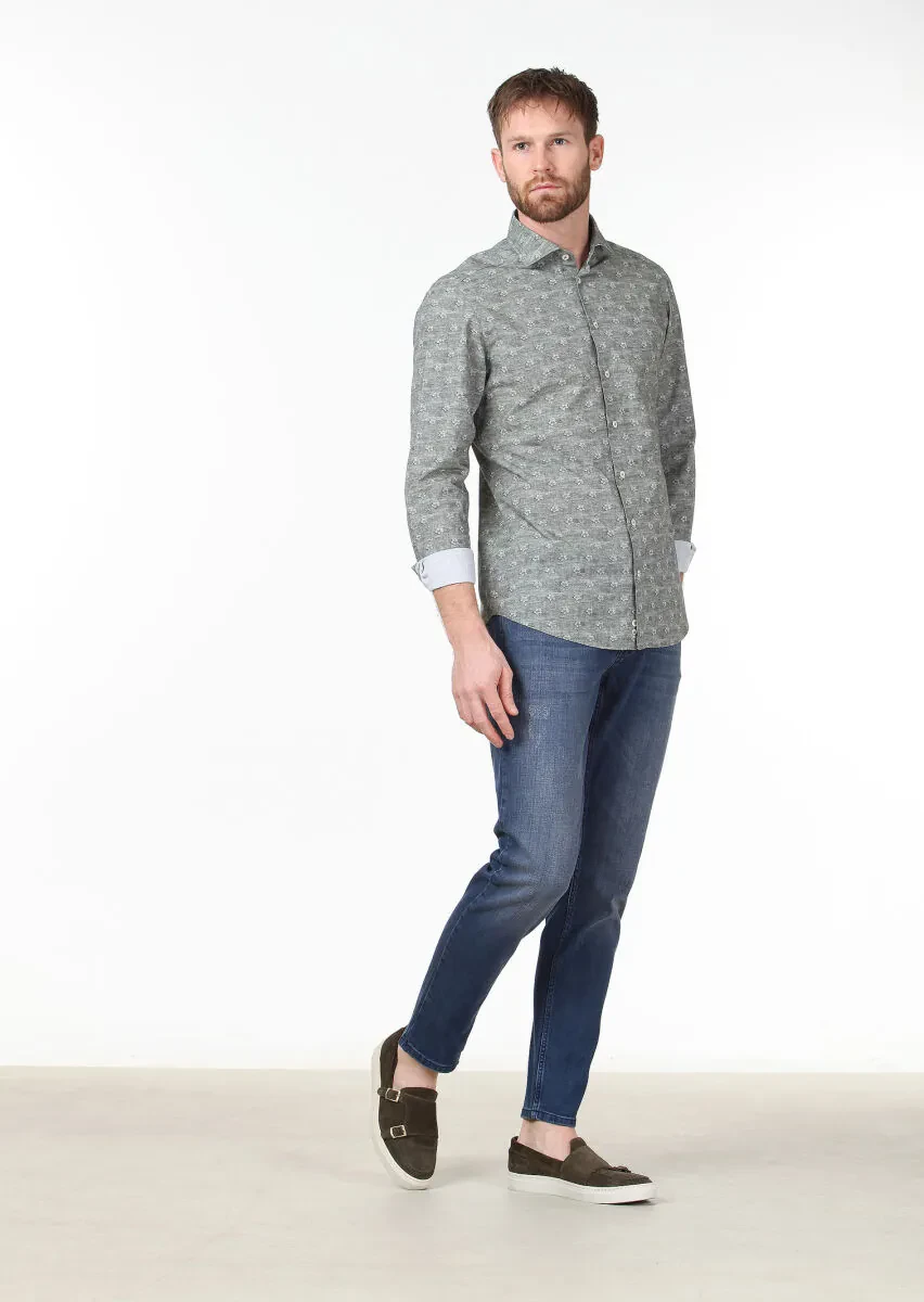 Khaki Printed Slim Fit Weaving Casual 100% Cotton Shirt - 2