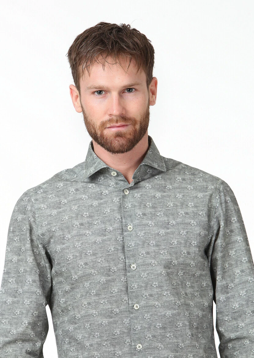 Khaki Printed Slim Fit Weaving Casual 100% Cotton Shirt - 3