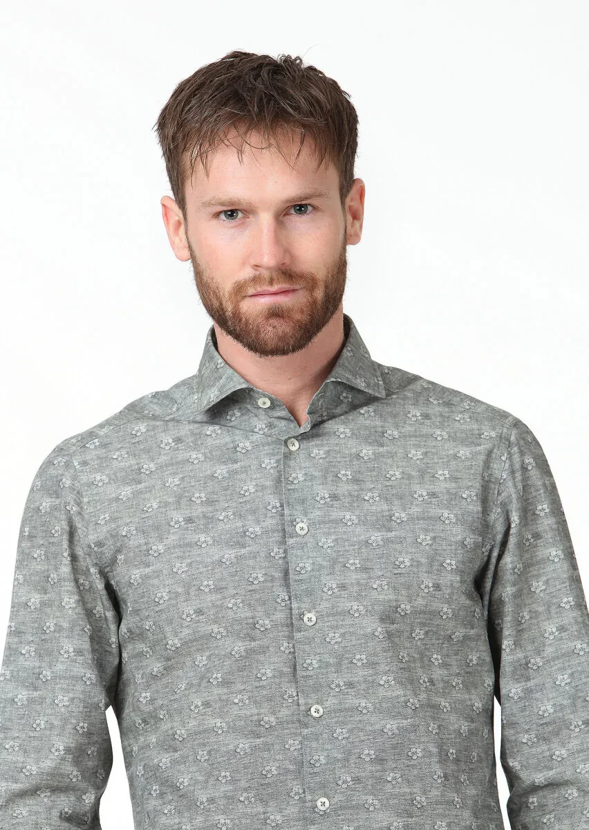 Khaki Printed Slim Fit Weaving Casual 100% Cotton Shirt - 3