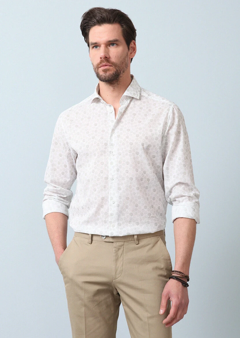 Khaki Printed Slim Fit Weaving Casual 100% Cotton Shirt 