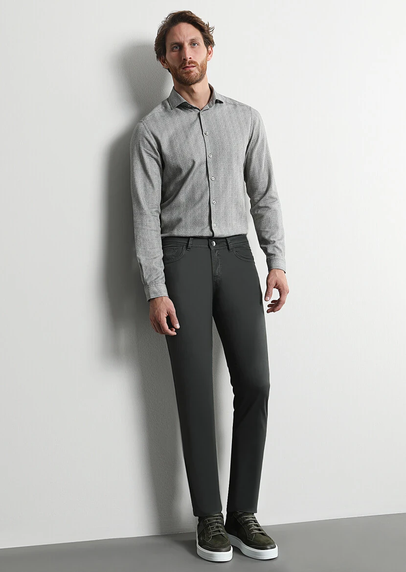 Khaki Printed Slim Fit Weaving Casual 100% Cotton Shirt 