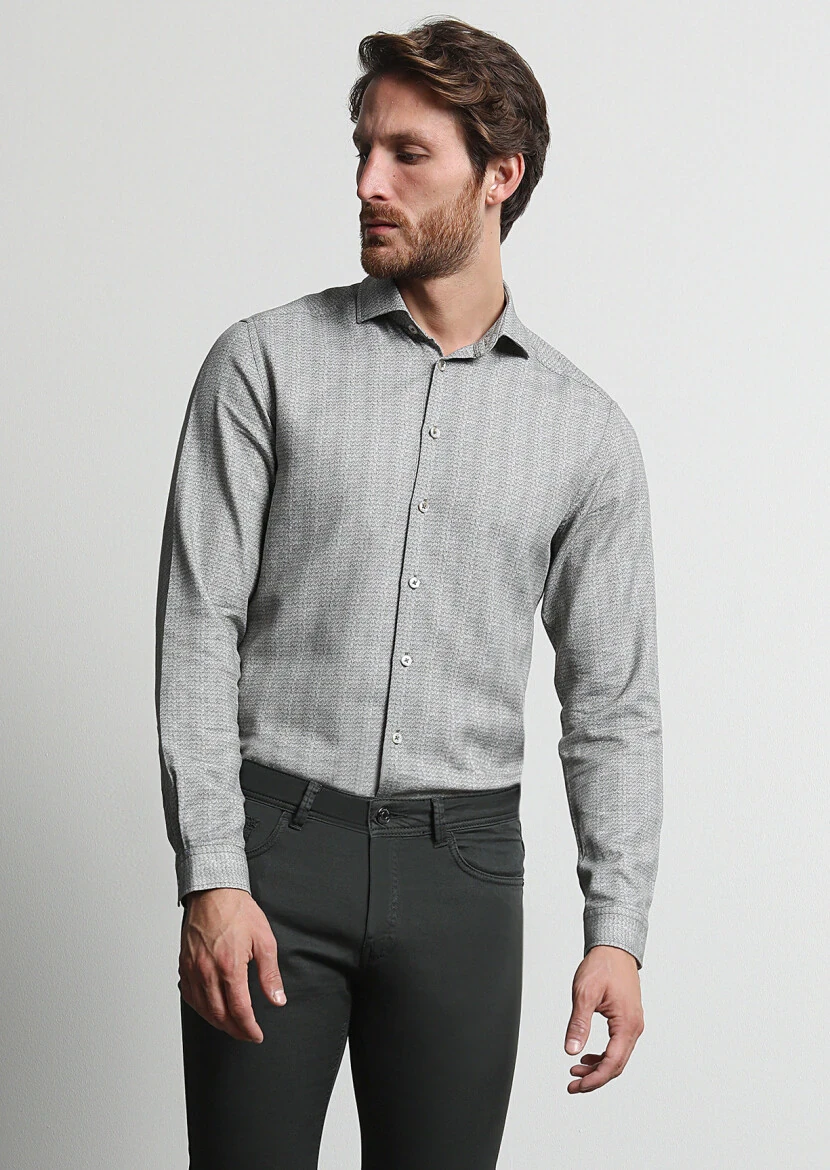 Khaki Printed Slim Fit Weaving Casual 100% Cotton Shirt - 3